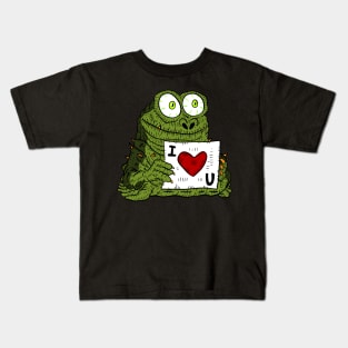 i love you, funny alien monster with a card. Kids T-Shirt